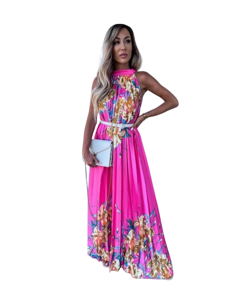 Tropik Fısıltı Pembe Saten Kumaş Maxi Elbise