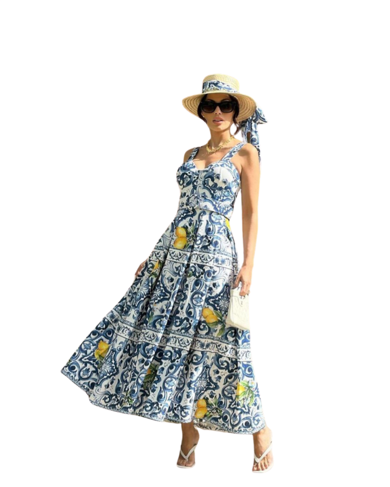 Lemon Breeze Blue Yazlık Kemerli Elbise