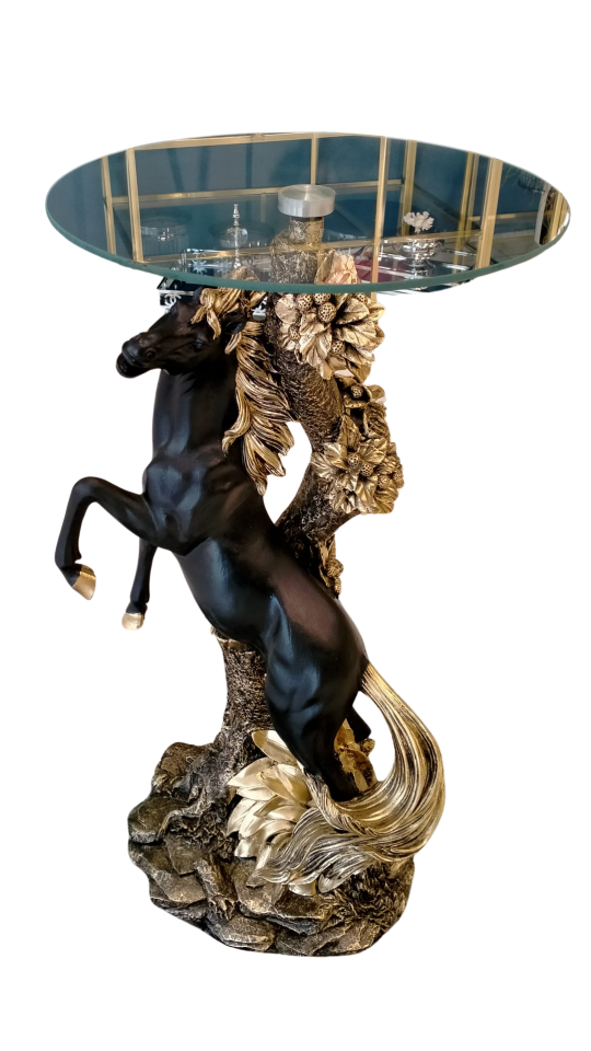 Siyah Altın Şahlanan At Cam Sehpa