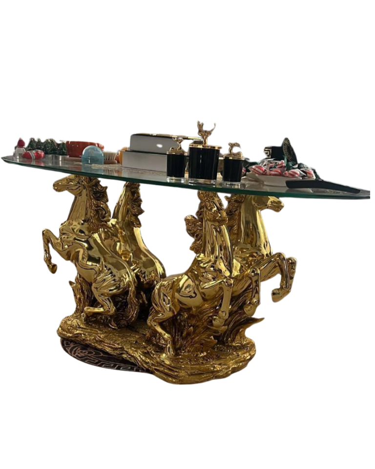 Altın 4 At Figürlü Cam Orta Sehpa – Lüks Tasarım Sehpa