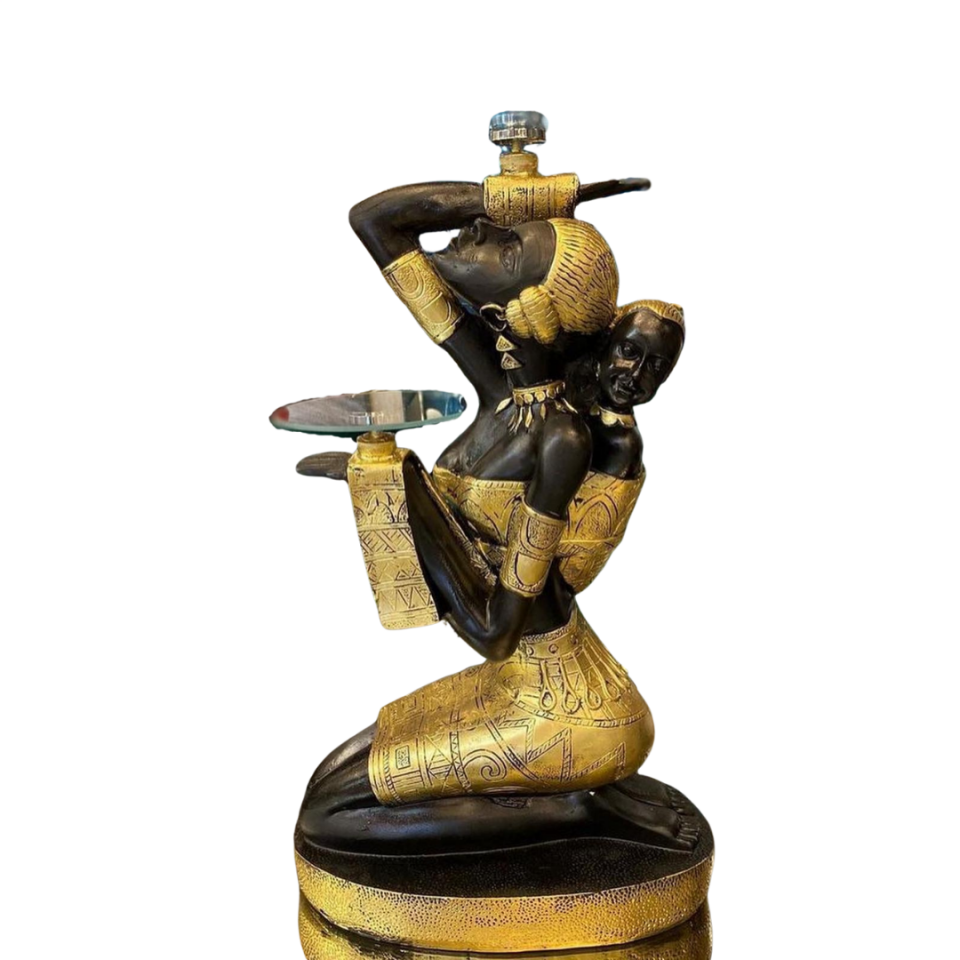 Altın Desenli Afrika Kadın Figürü Cam Sehpa